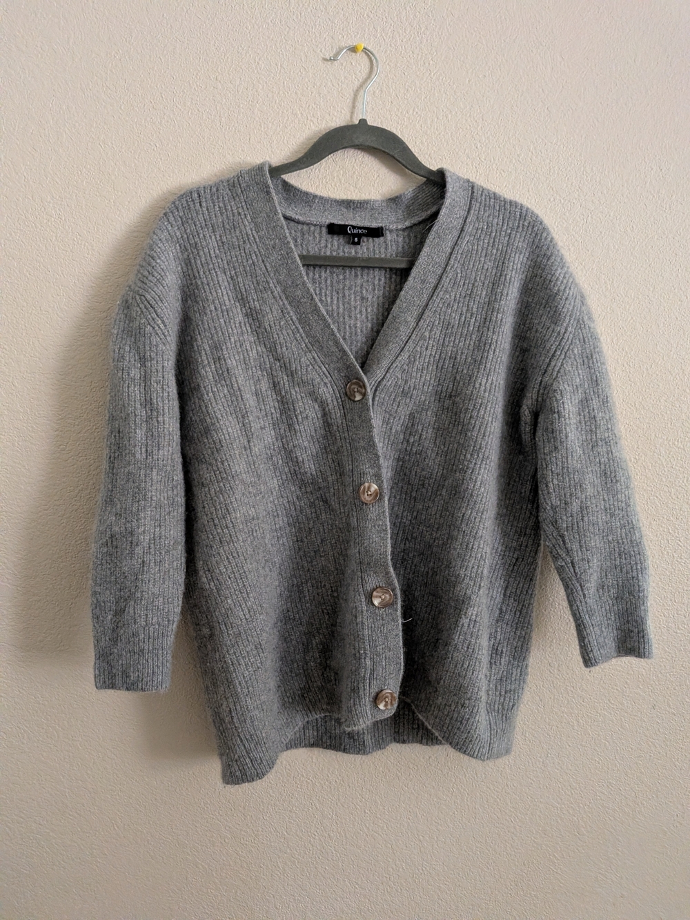 Quince Gray Ribbed V-Neck Button Cardigan